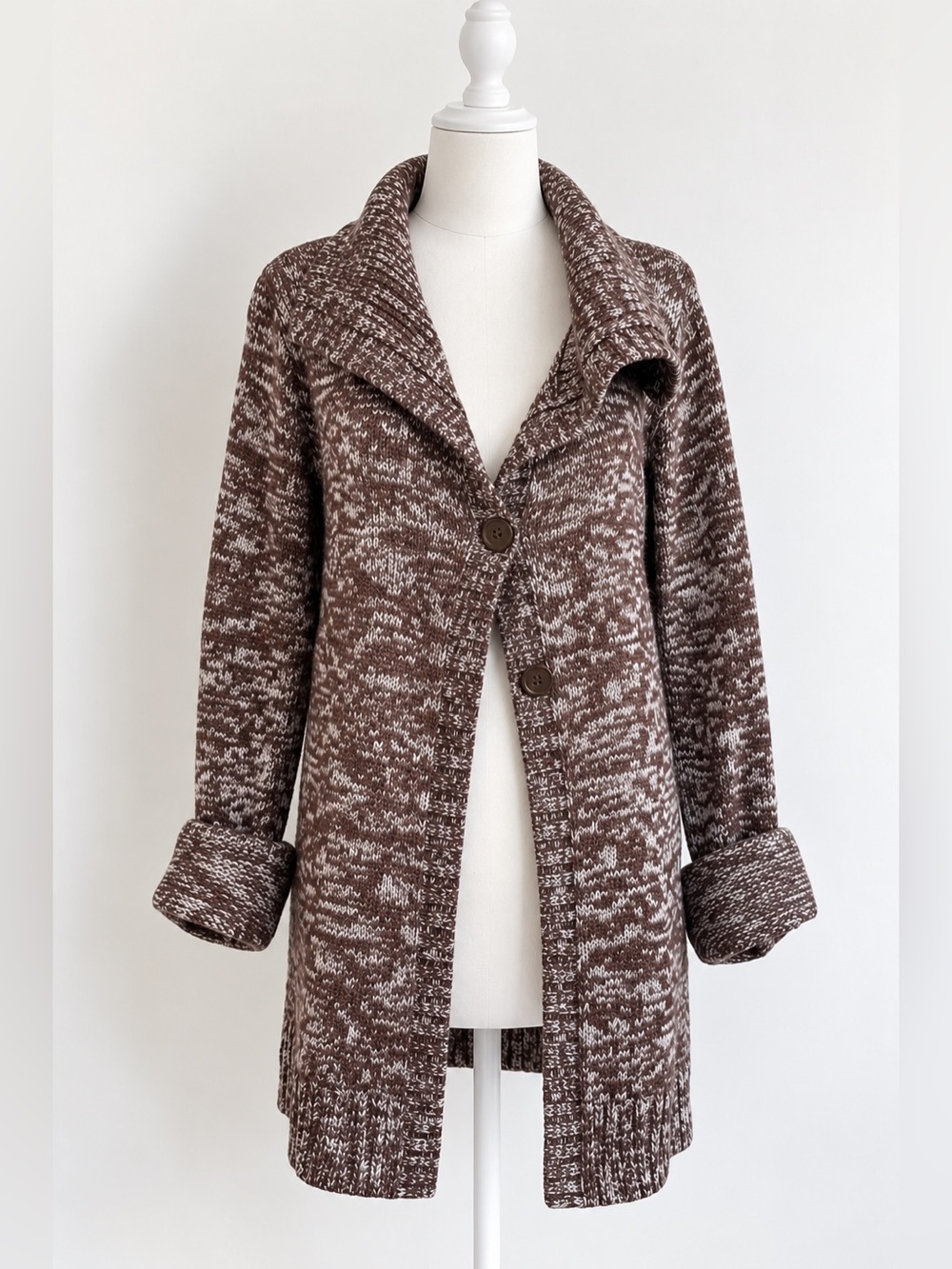Kim Rogers Brown Marled Long Cardigan Sweater Coat Shawl Collar L